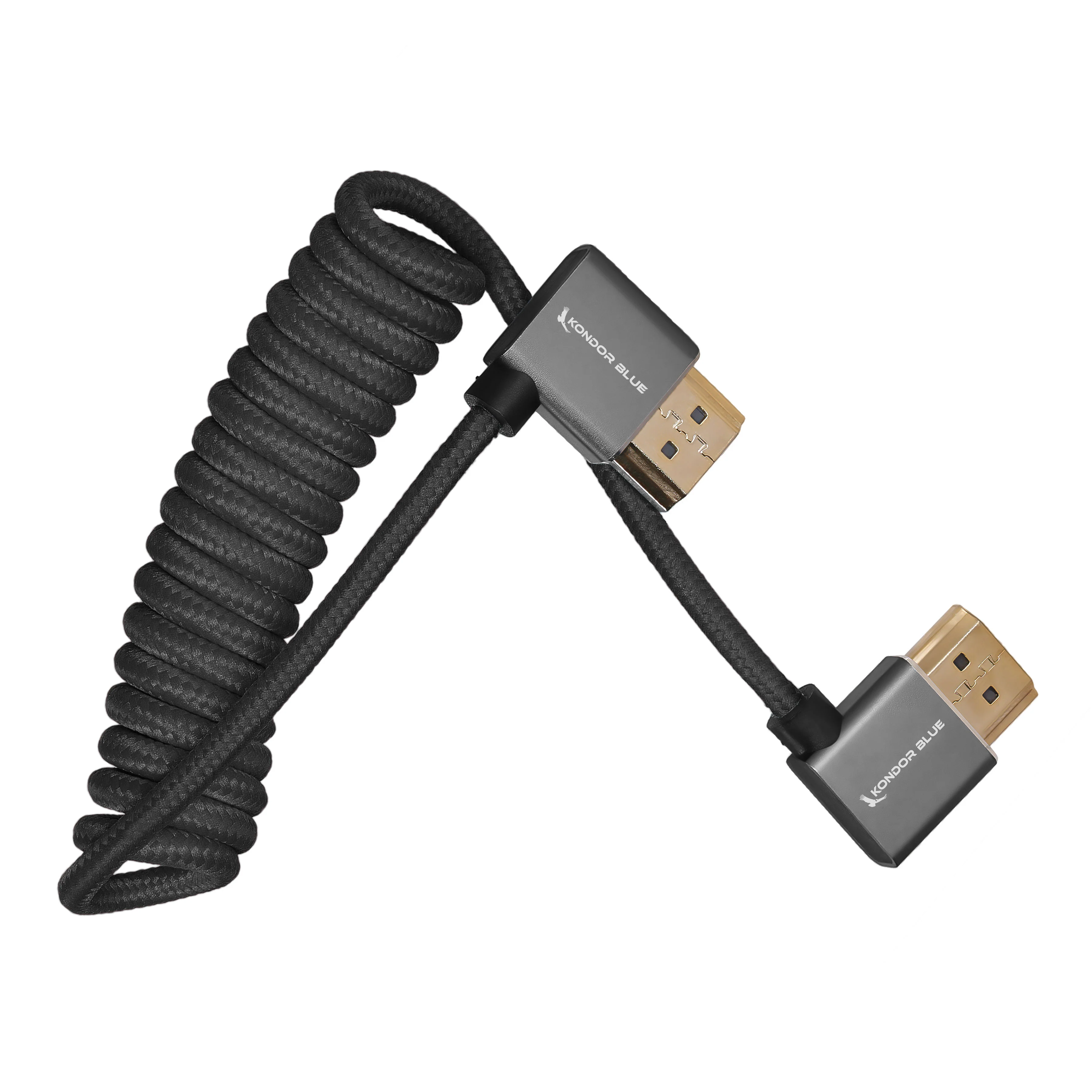 Right-Angle Full-HDMI Cable for On-Camera Monitors 12"-24" - Braided Coiled - Image 4